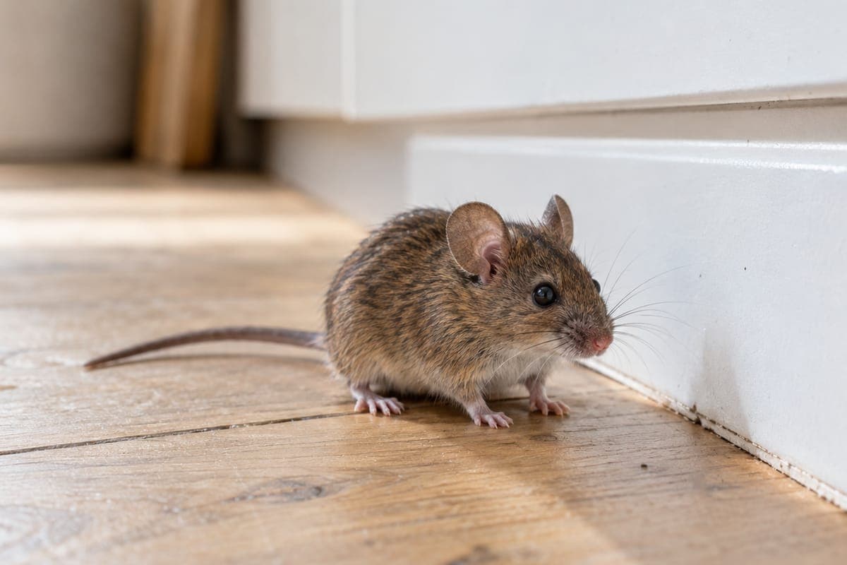 Huismuis langs een witte plint op een houten vloer